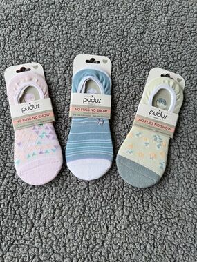 NWT Pudus No Fuss No Show Socks - Pastel Pink, Blue, Mint Trio   Size- S/M